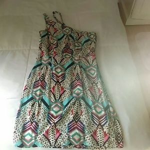 Multi colored two straps off one shoulder dress..